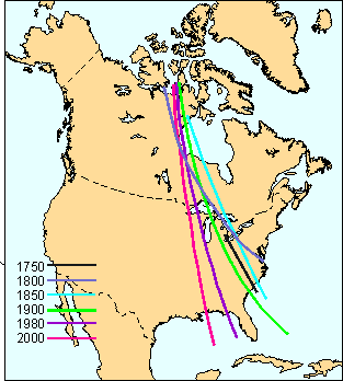 Drift of the agonic line (description follows)