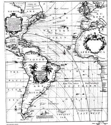 Carte Halley de l'Océan Atlantique avec des lignes de contour de la déclinaison
		 magnétique