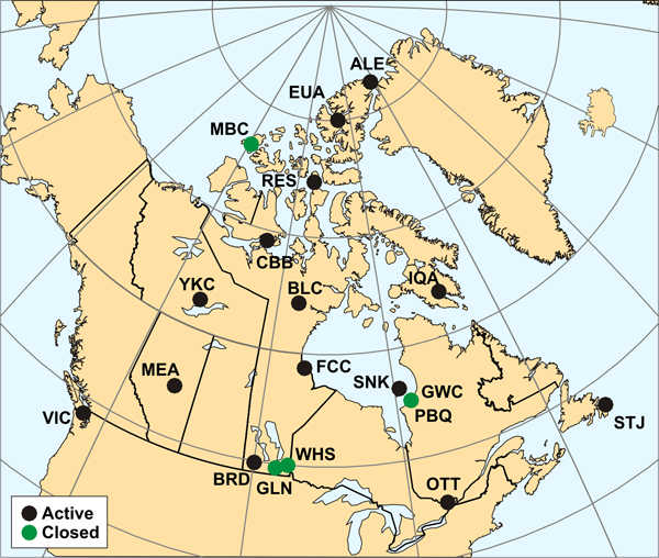 Map of canadian observatories. For more information, view the following table.