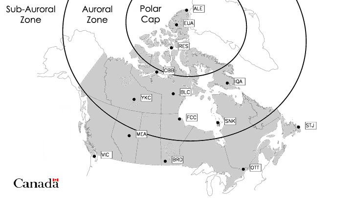 Map showing locaions of the Active canadian magnetic observatories