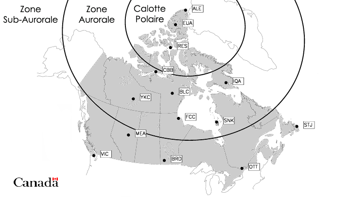 Carte des observatoires magnétiques canadiens